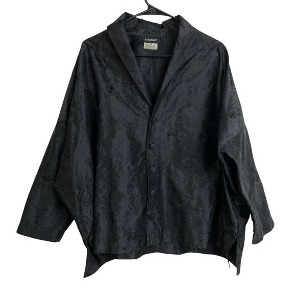 ESKANDAR Silk Top Size 0 S/M Black Womens Button Up Shirt Lagenlook V Neck Boxy
